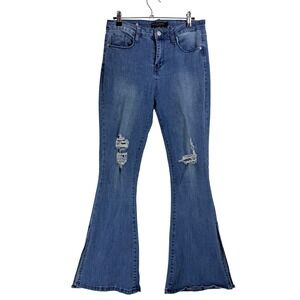 Miss‎ California Womens Blue Distressed Flare Jeans Split Hem Size 7/8